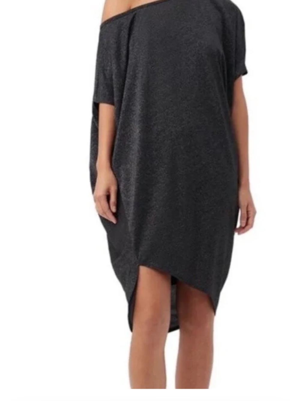 Trina Turk Charcoal Asymmetrical Off-Shoulder Midi Dress